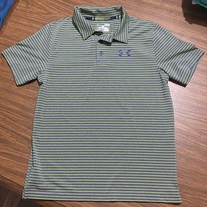 Boys (L) UA NWOT loose fit polo. Yellow and Grey stripe.